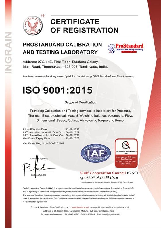 ISO 9001:2015 certificate of registration issued to ProStandard Calibration and Testing Laboratory